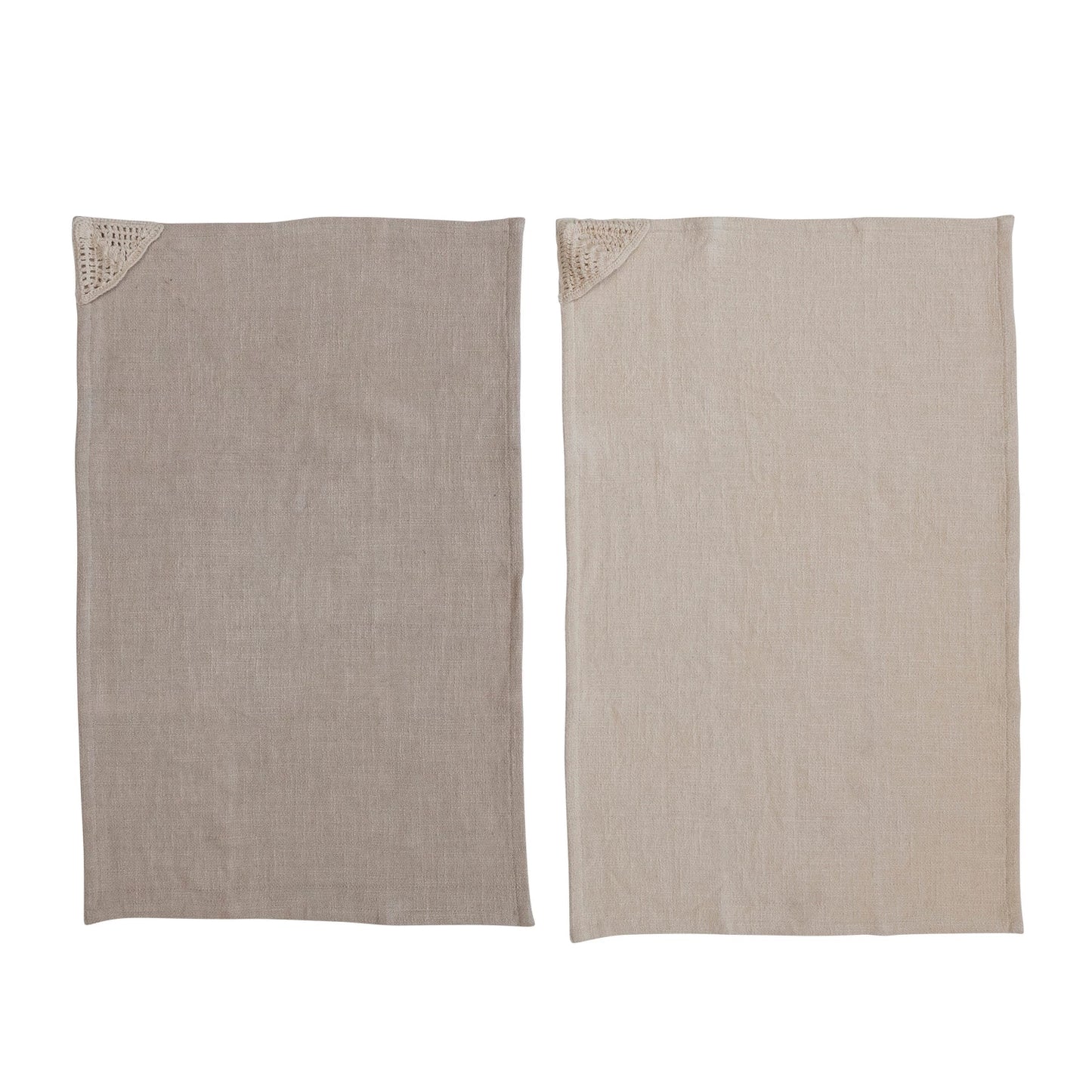 Woven Cotton Tea Towels with Crochet Corner - Natural + Beige - Set of 2
