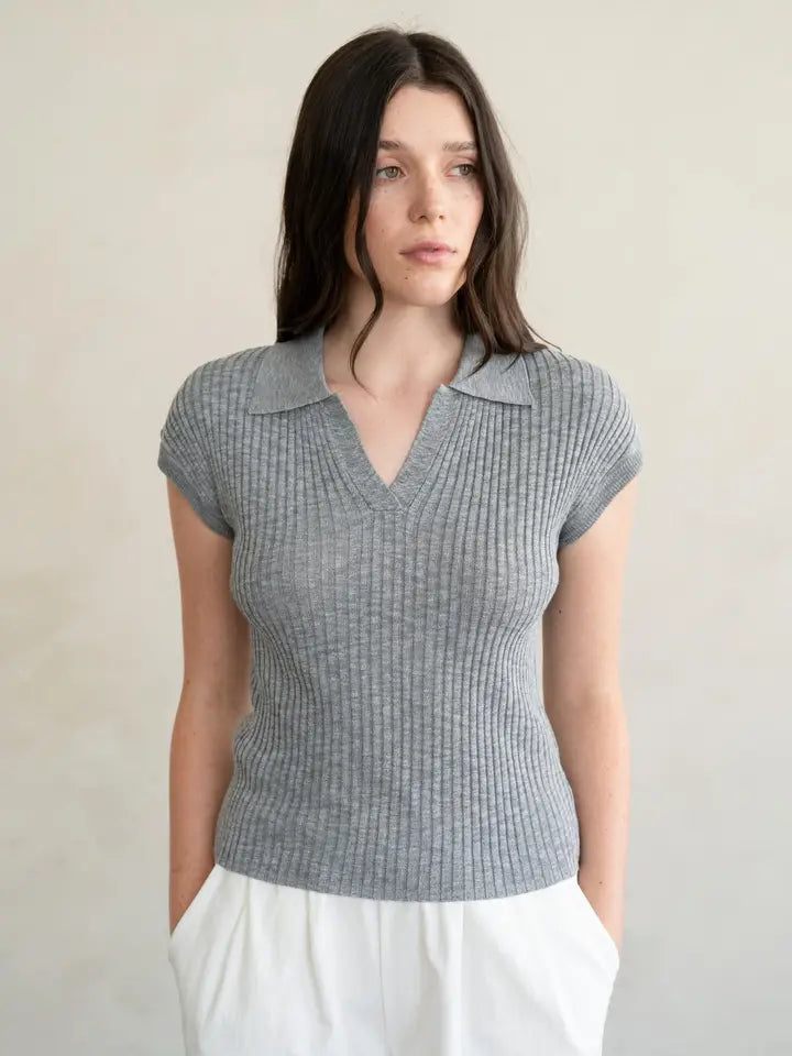 Ribbed Collared Knit Top - Grey