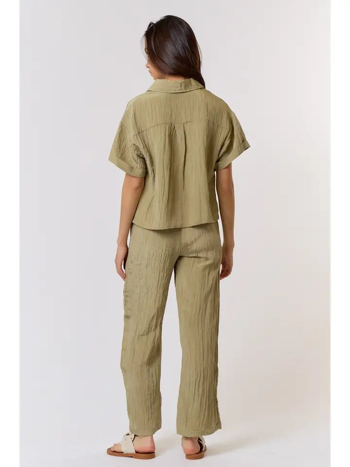 Crinkle Button Down Shirt with Pants Set - Olive