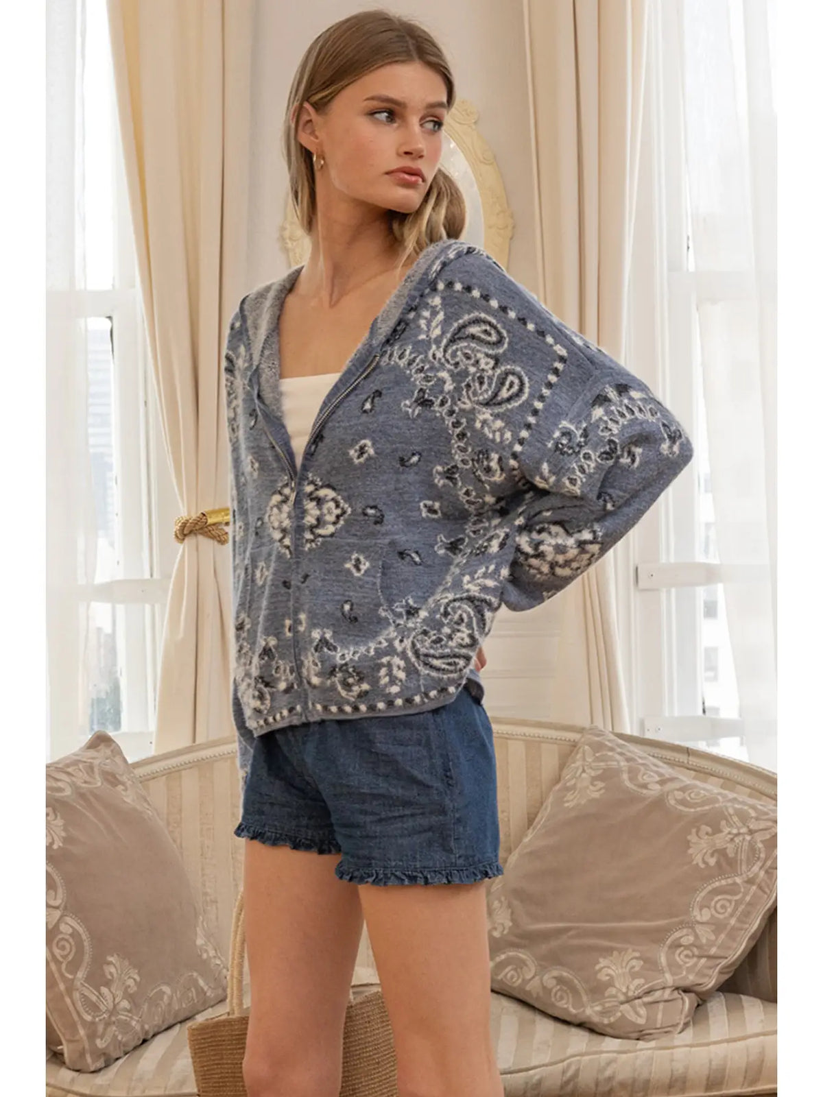 Fuzzy Knit Hoodie Cardigan - Nordic Blue