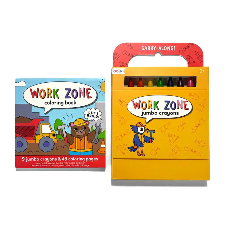 OOLY - Carry Along Crayon + Coloring Book Kit - Work Zone - Set of 10