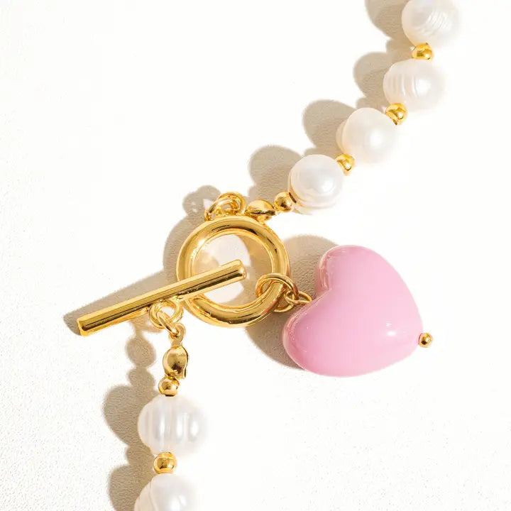 Wren Vintage Natural Pearl Heart Necklace - Pink