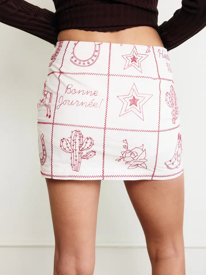 Western Flair Mini Skirt - Cream & Red