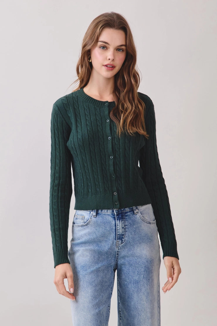 Cable Knit Button Up Cardigan - Hunter Green