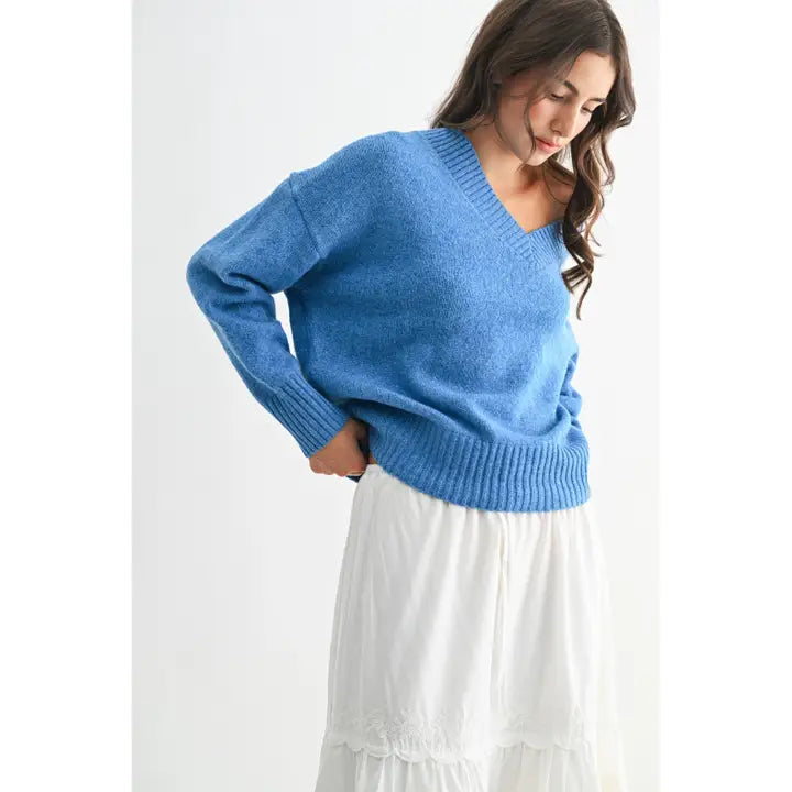 V-Neck Knit Sweater - Blue