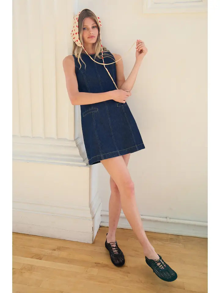Sleeveless Denim A-Line Mini Dress - Dark Denim