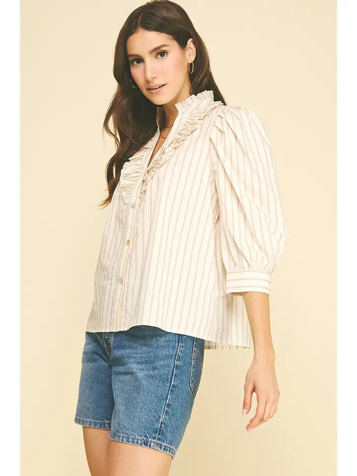 Striped Ruffle Collar Puff Sleeve Blouse - Cream + Taupe