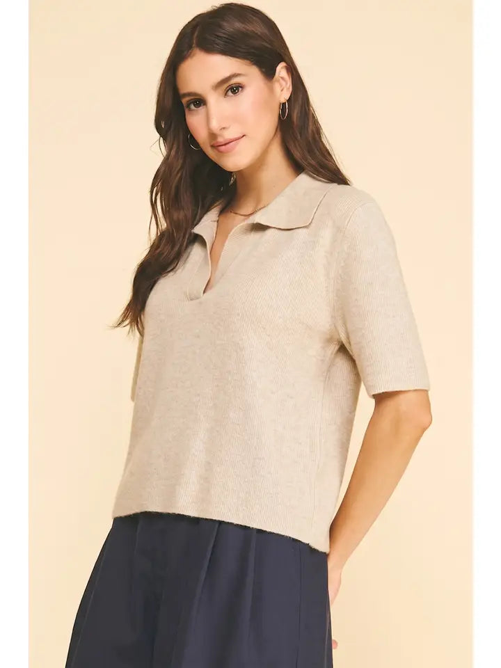 Ribbed Short Sleeve Polo Sweater - Oatmeal