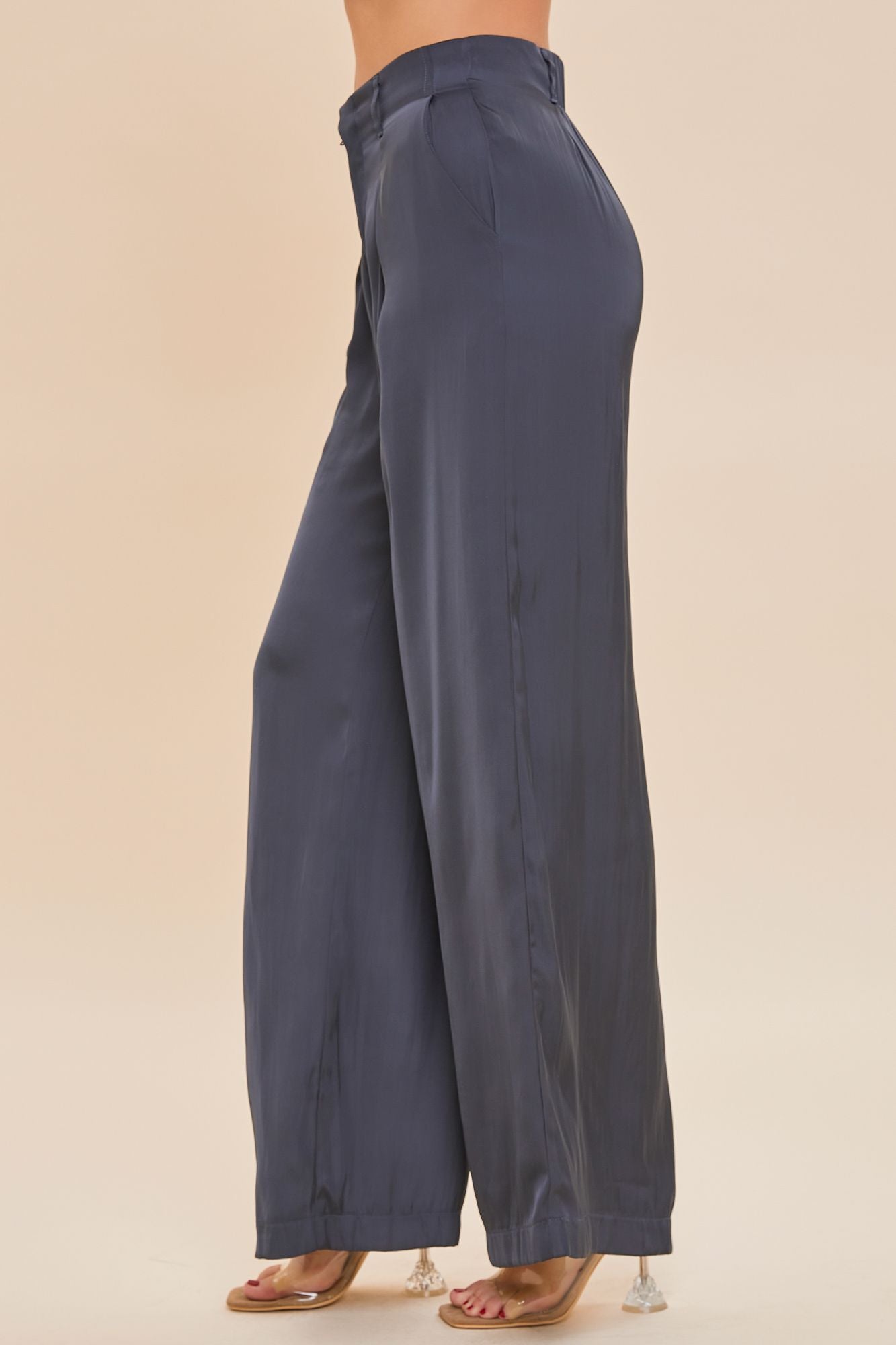Satin Belted Wide Leg Pants - Midnight