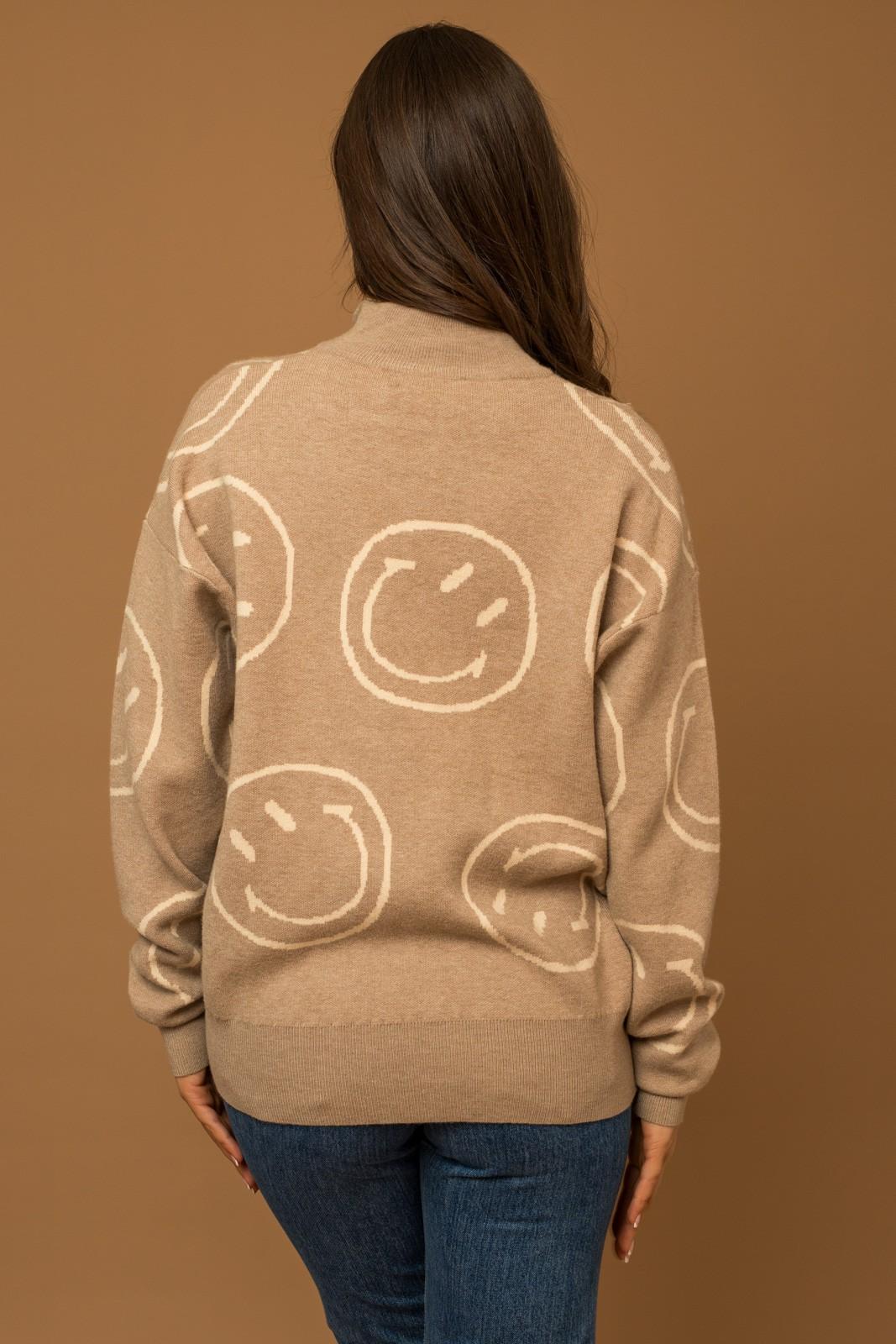 Graphic Zip Up Sweater - Smile - Taupe