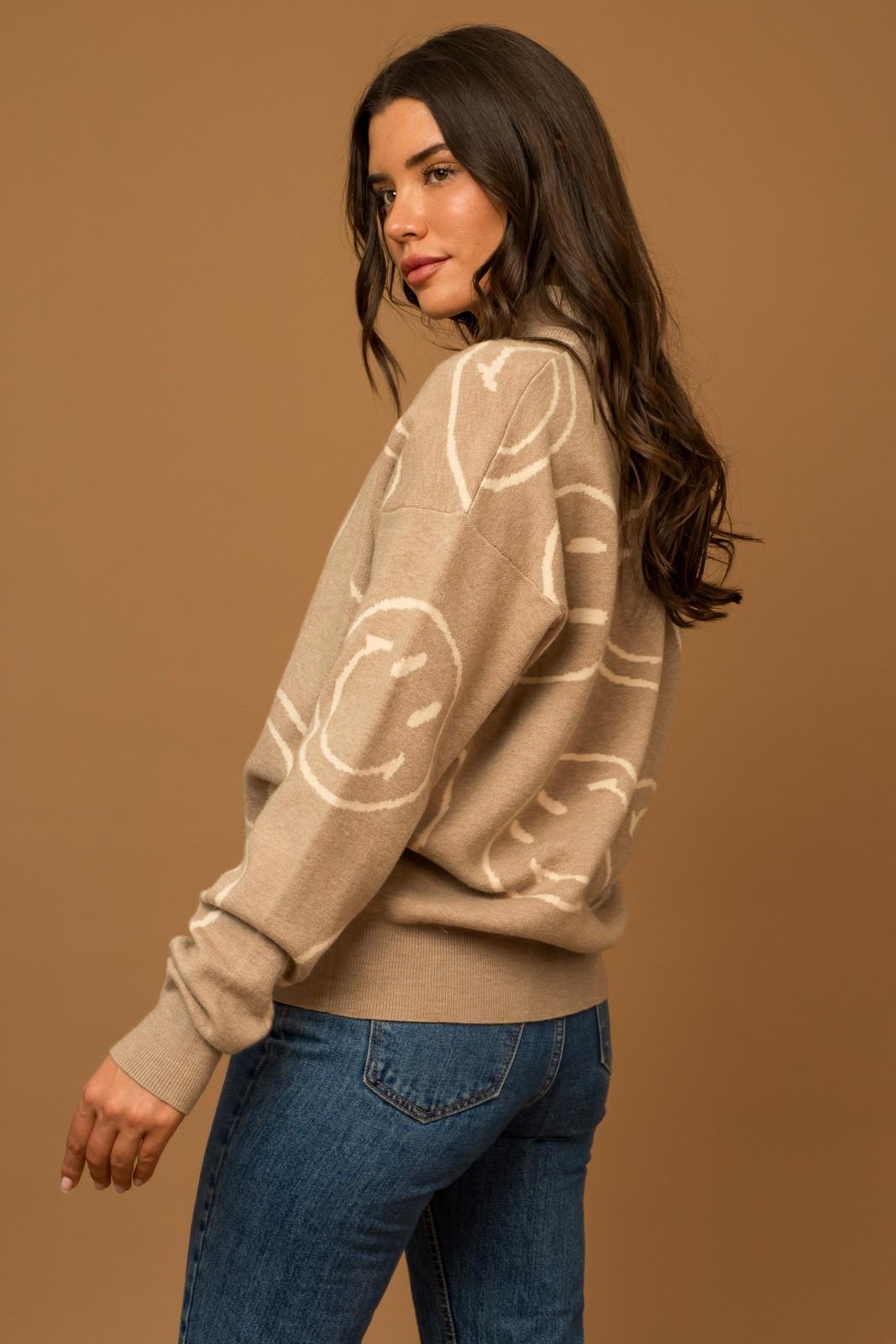 Graphic Zip Up Sweater - Smile - Taupe