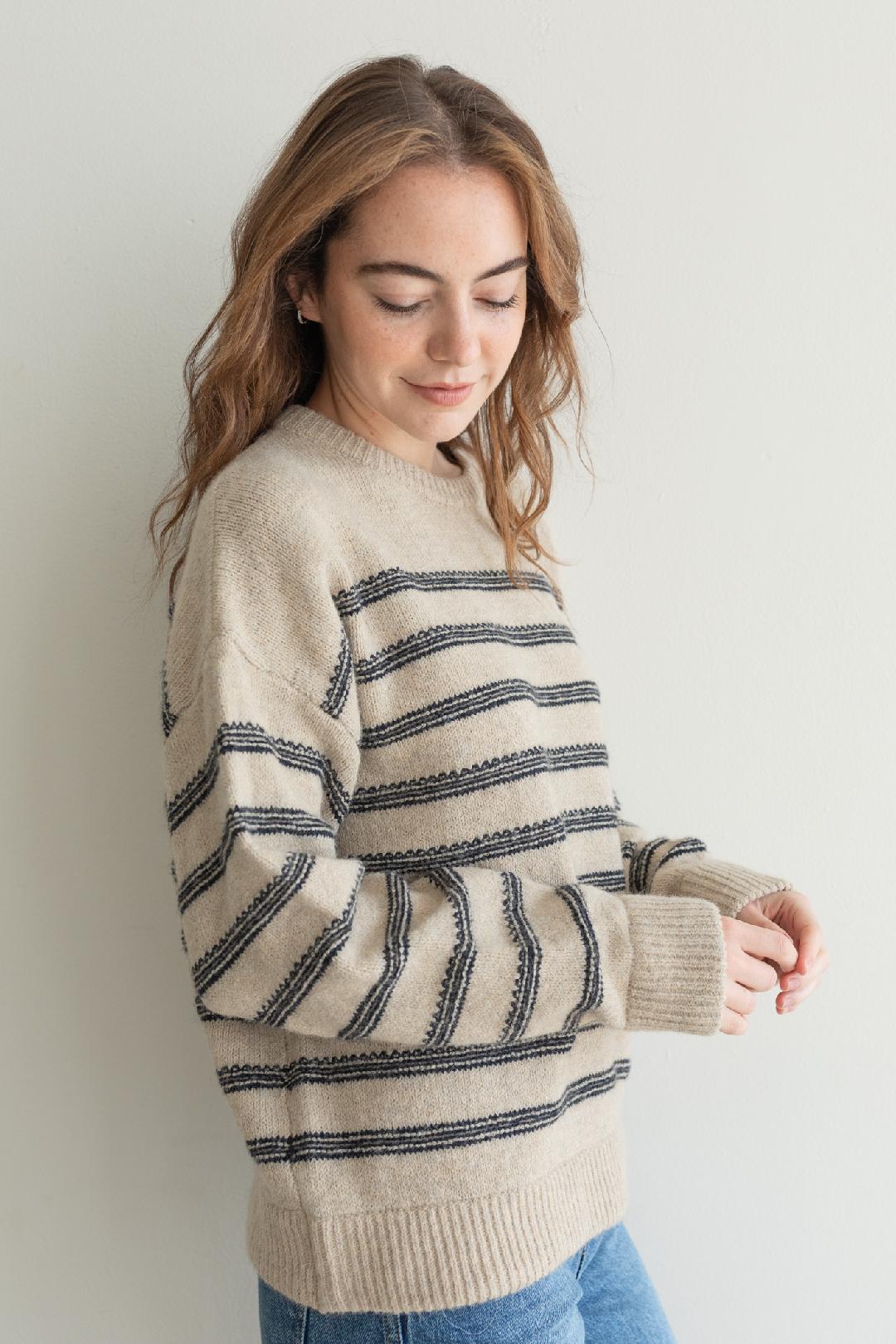 Striped Pull Over Sweater - Taupe