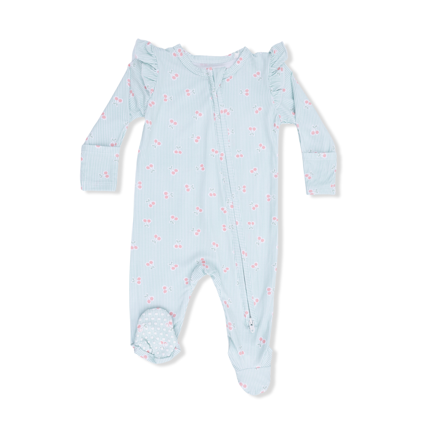 2 Way Ruffle Sleeve Zipper Footie - Tiny Cherry Stripe