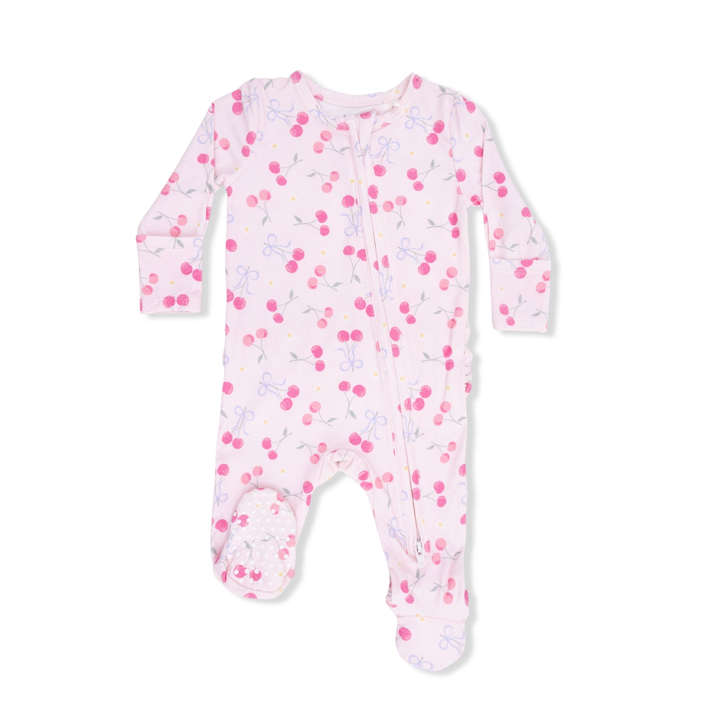 2 Way Ruffle Back Zipper Footie - Sweet Bow Cherries