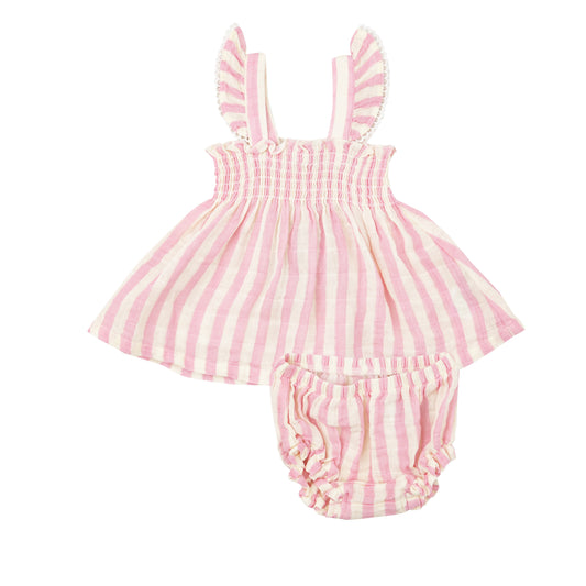 Ruffle Strap Smocked Top + Diaper Cover - Pink Stripe