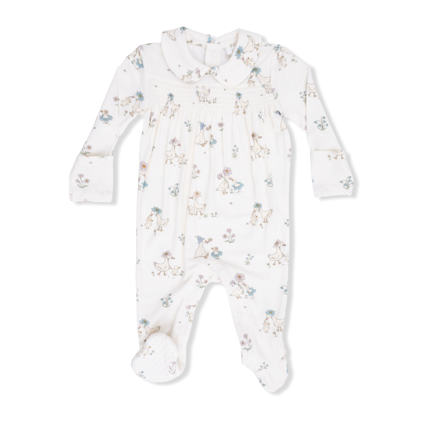 Smocked Peter Pan Snap Footie - Flower Ducklings
