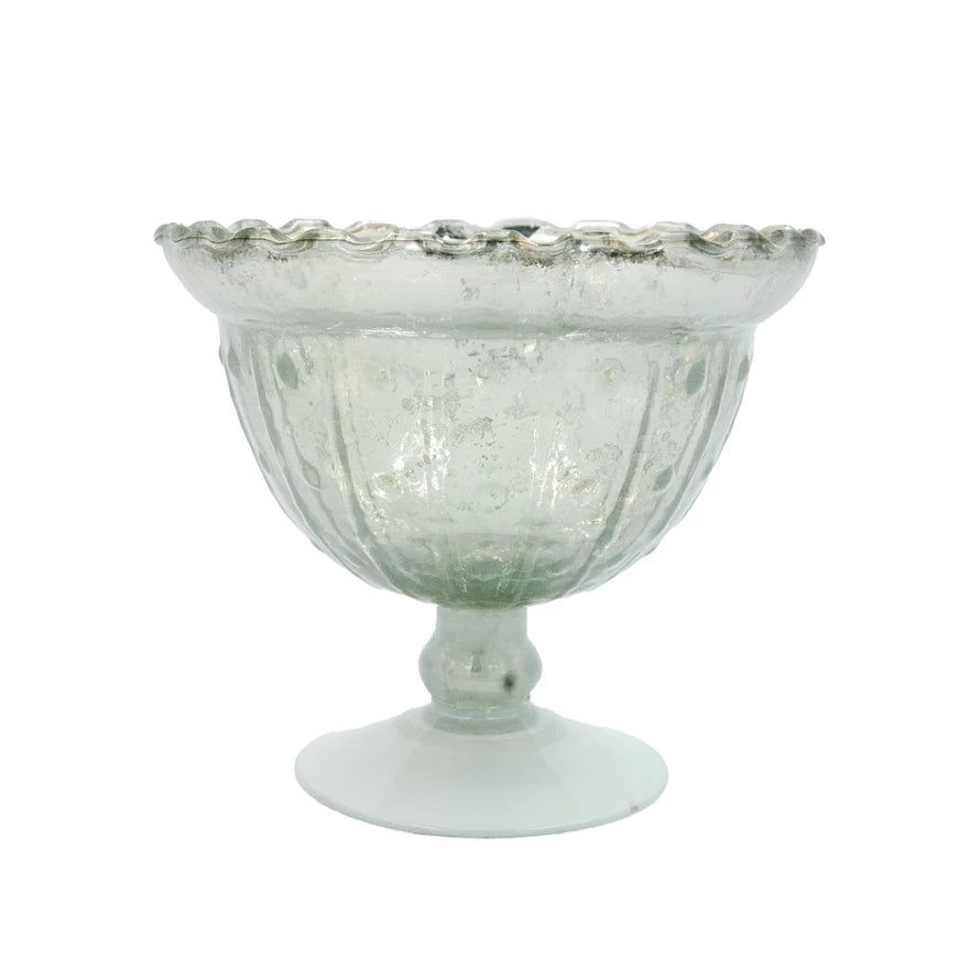Decorative Embossed Mercury Glass Footed Bowl - Antique Silver Finsih
