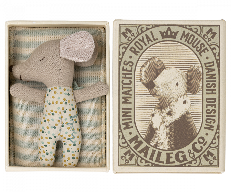 Maileg - Sleepy/Wakey Baby Mouse In Matchbox - BLUE