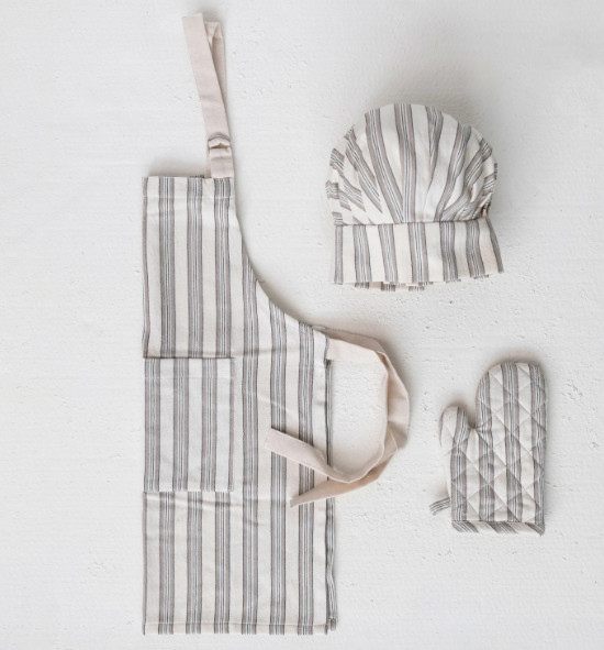 Cotton Children's Apron with Chef Hat - Oven Mitt + Stripes