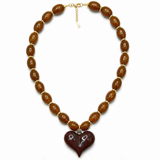 Resin Heart Chunky Necklace - Almafi Brown