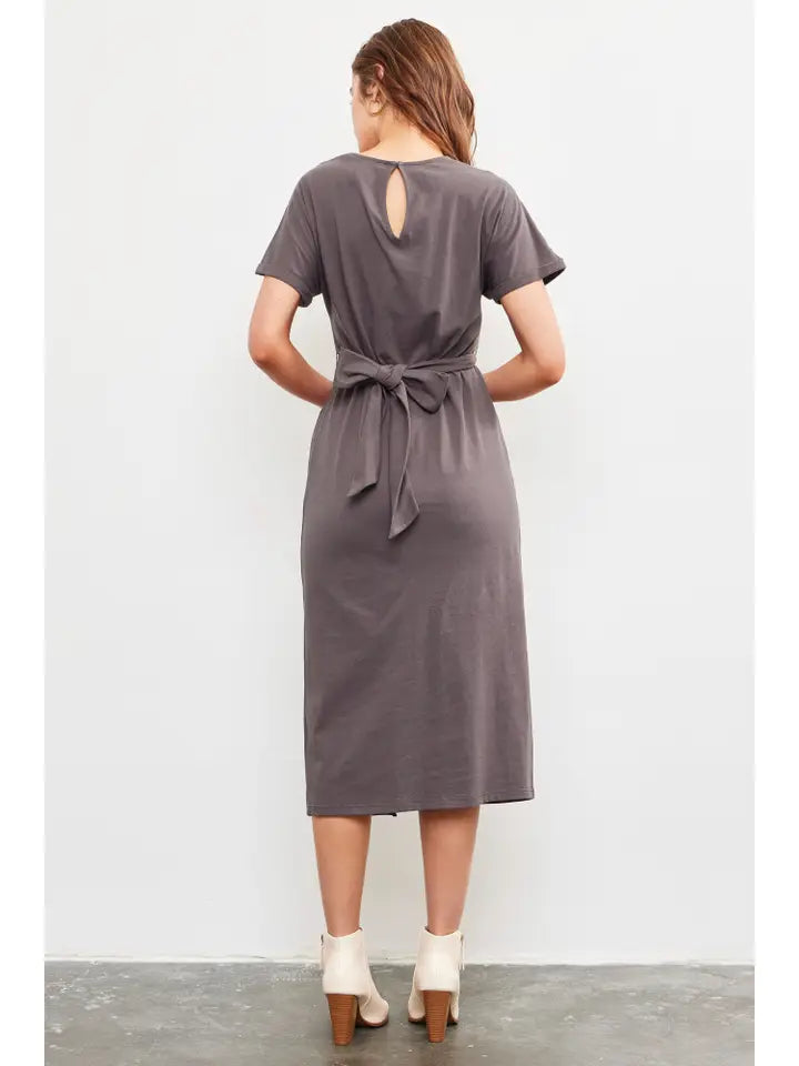 Wrap Back Tie Dress - Dark Stone