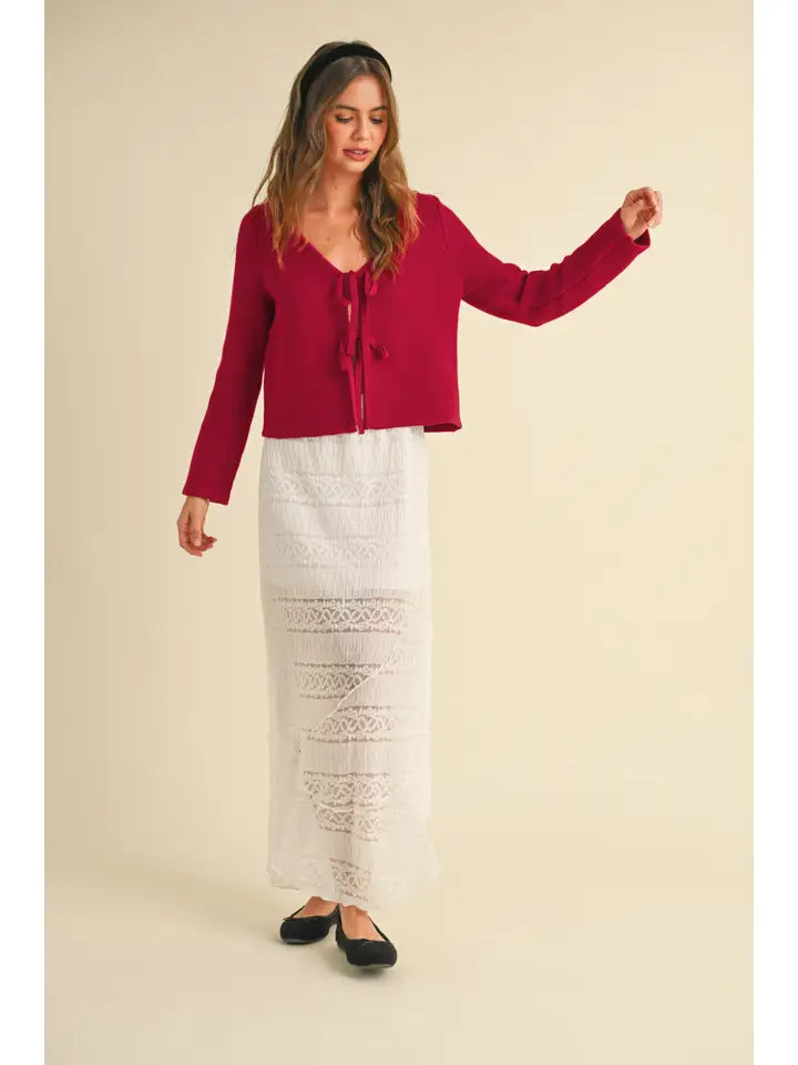 Long Sleeve Knitted Tie Front Cardigan - Red