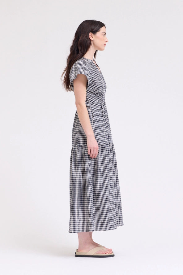 Grade + Gather - Ruffle Gingham Midi Dress - Midnight