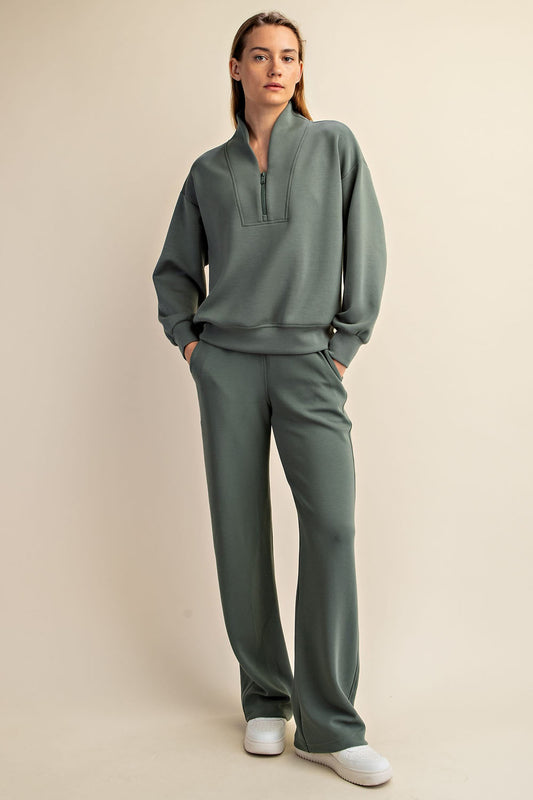 Luxe V Neck Half Zip - Sage Leaf