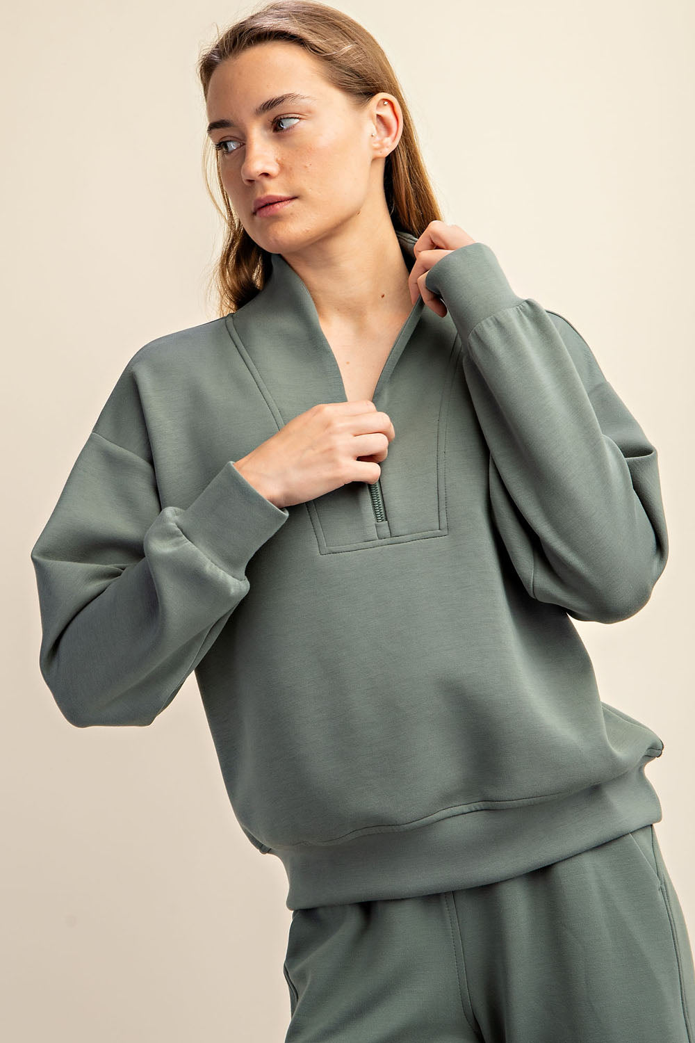 Luxe V Neck Half Zip - Sage Leaf