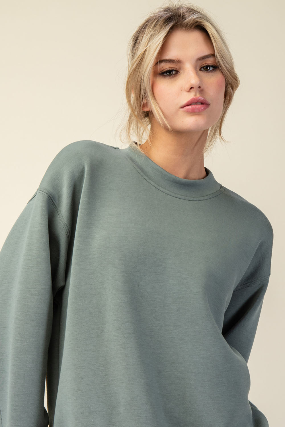 Modal Poly Spandex Mock Neck Pullover - Sage Leaf