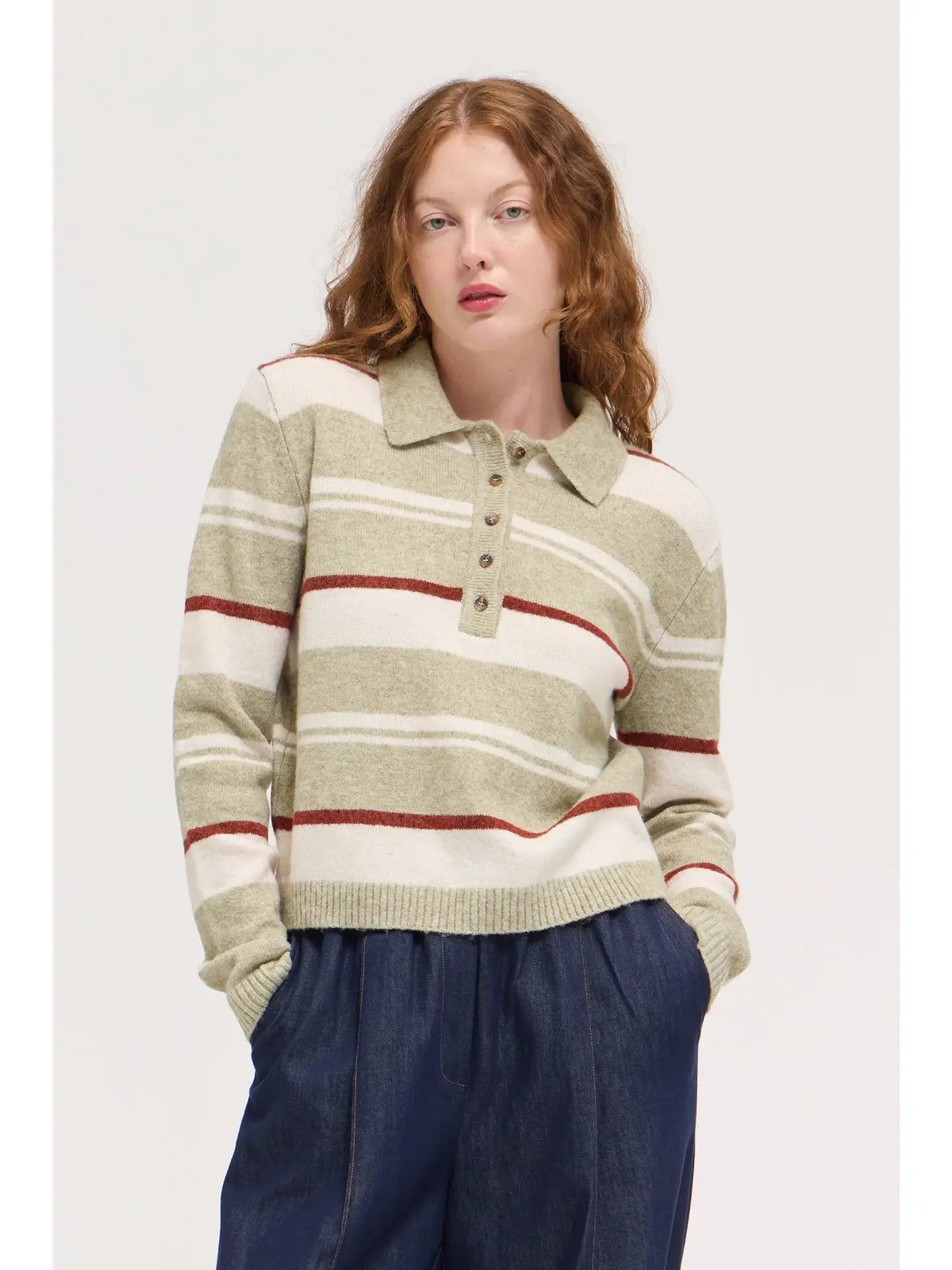 Grade + Gather - Multi Stripe Collared Sweater - Artichoke Multi
