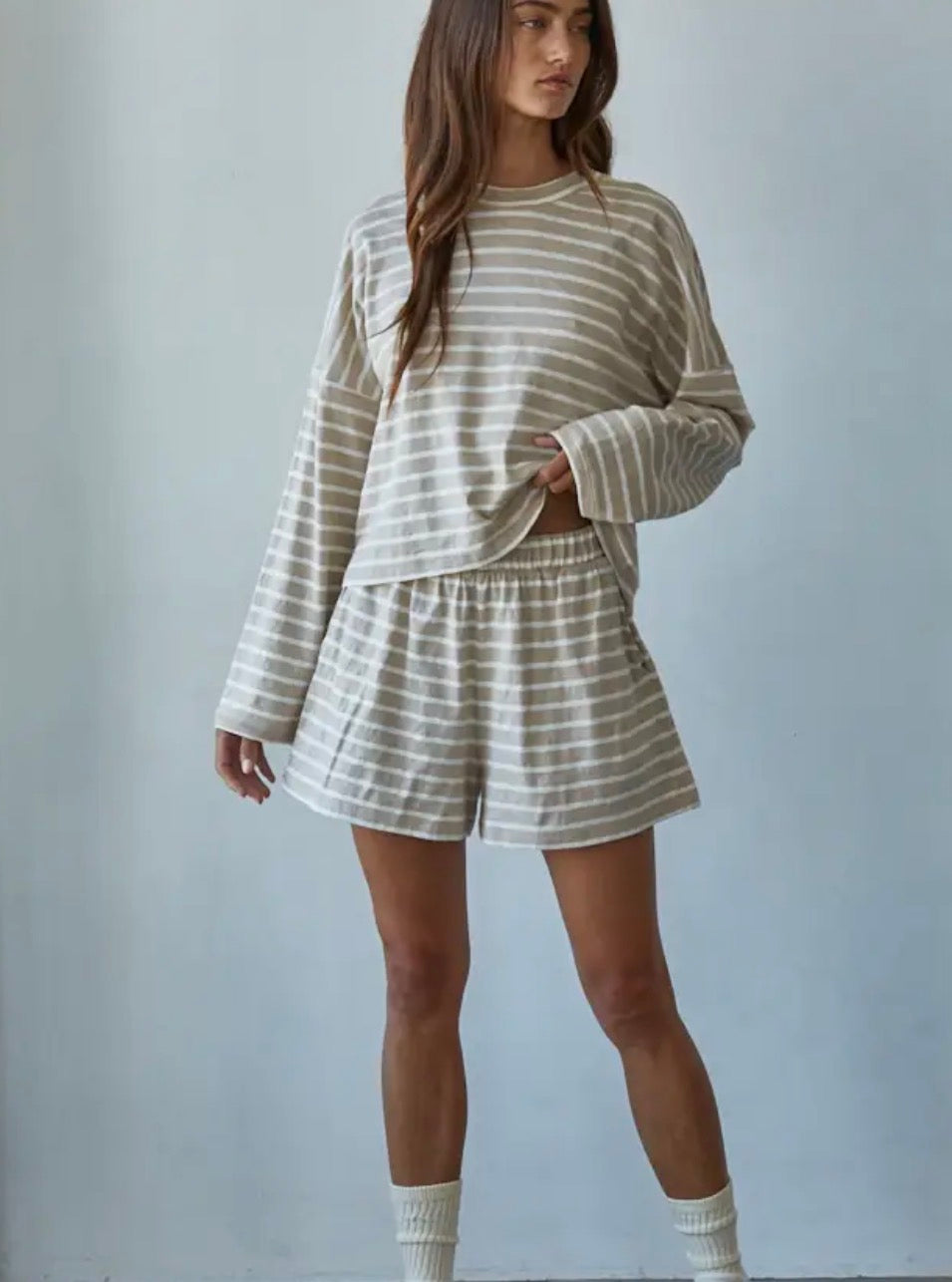 Striped Knit Shorts - Taupe & White