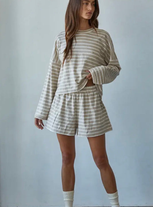 Striped Knit Shorts - Taupe & White