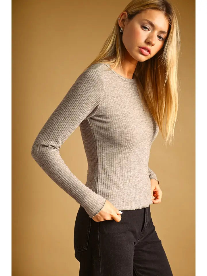 Long Sleeve Ribbed Top - Mocha