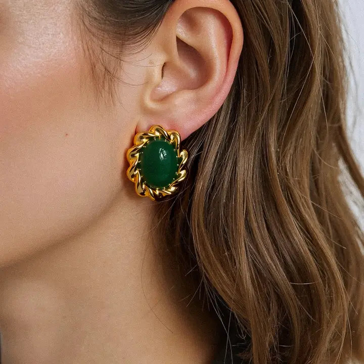 Eulie 18K Non-Tarnish Vintage Stone Earring - Green