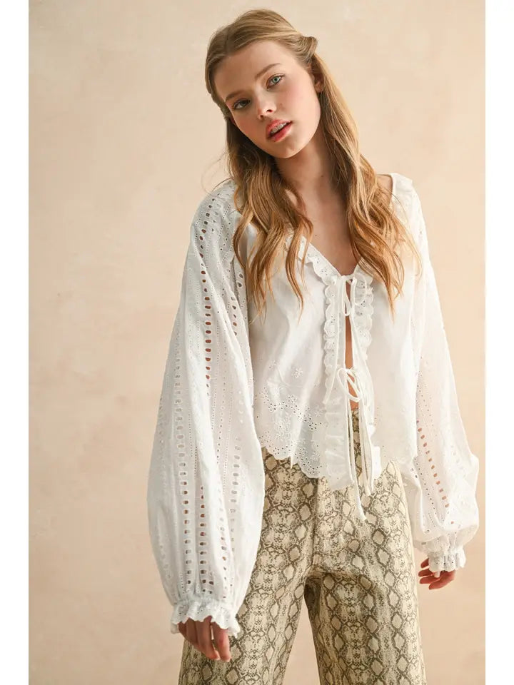 Embroidery Detail Long Sleeve Blouse - White