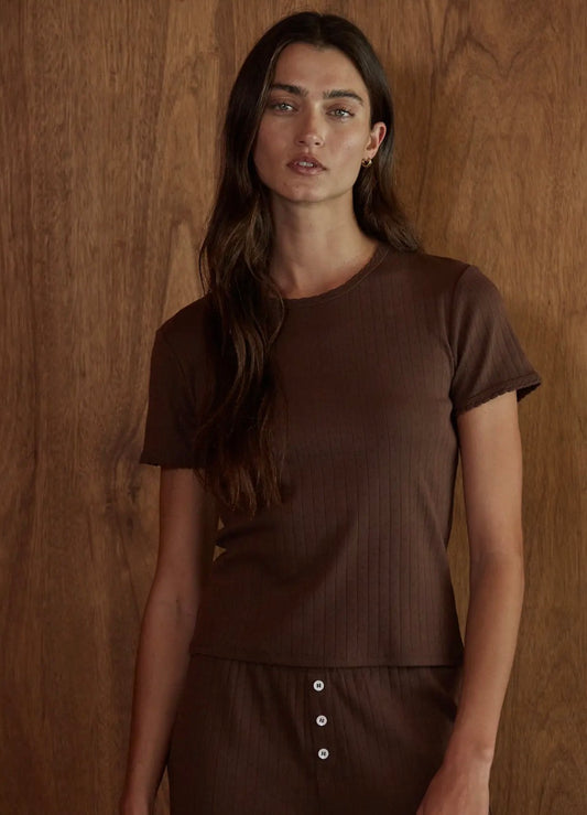 Knit Cotton Pointelle Short Sleeve Shirt - Brown