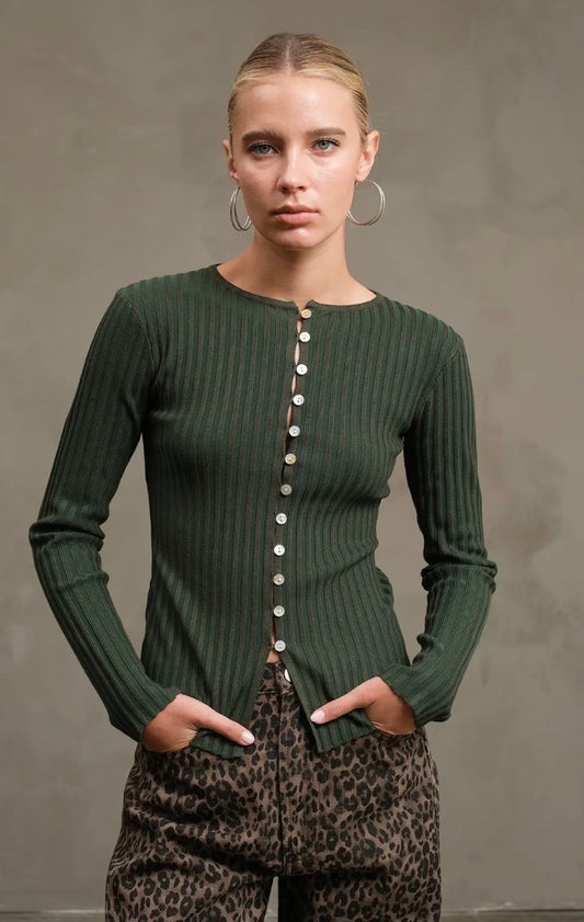 Slim Fit Knit Button Top - Moss Green