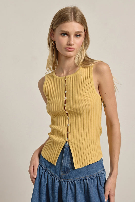 Slim Knit Sleeveless Button Top - Yellow
