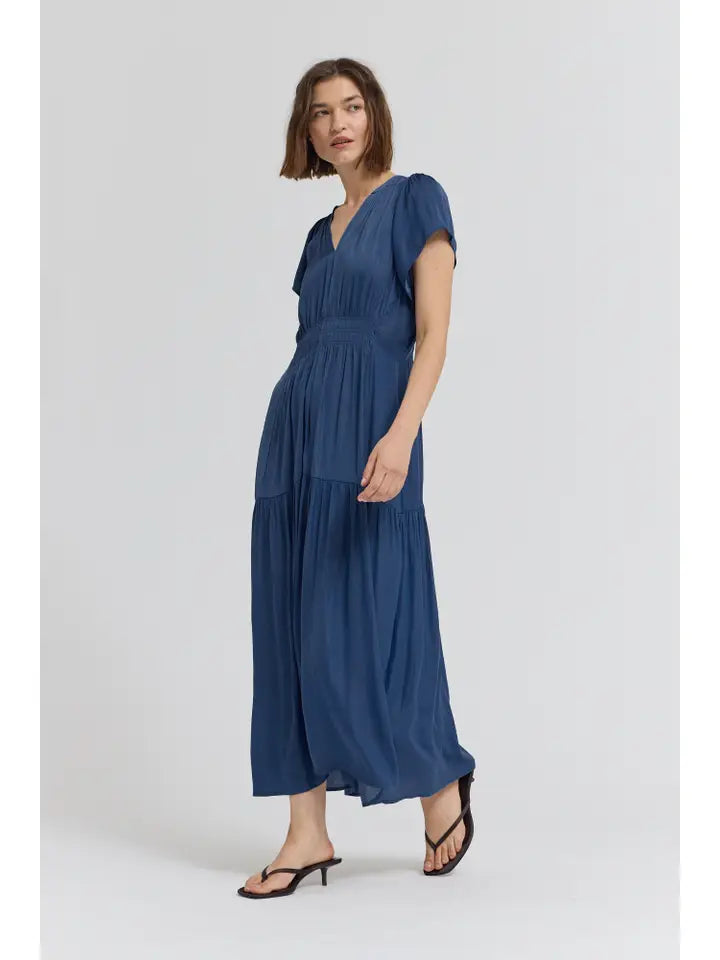 Grade + Gather - Ruffle Satin Midi Dress - Blue Corn