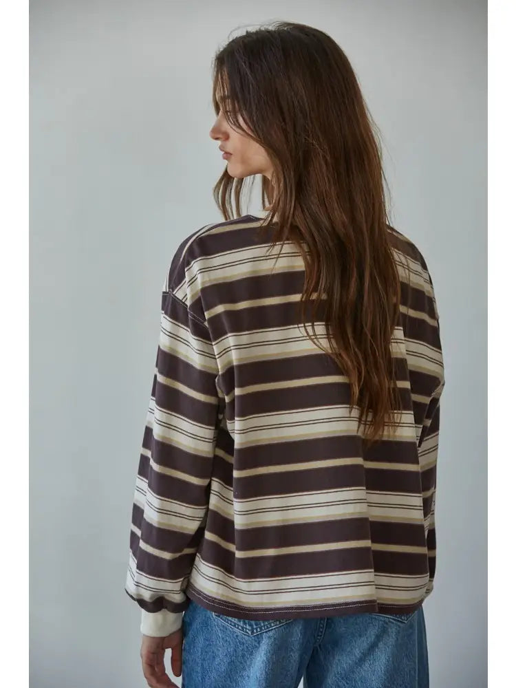 Knit Cotton Multi Stripe Long Sleeve Top - Cream & Brown