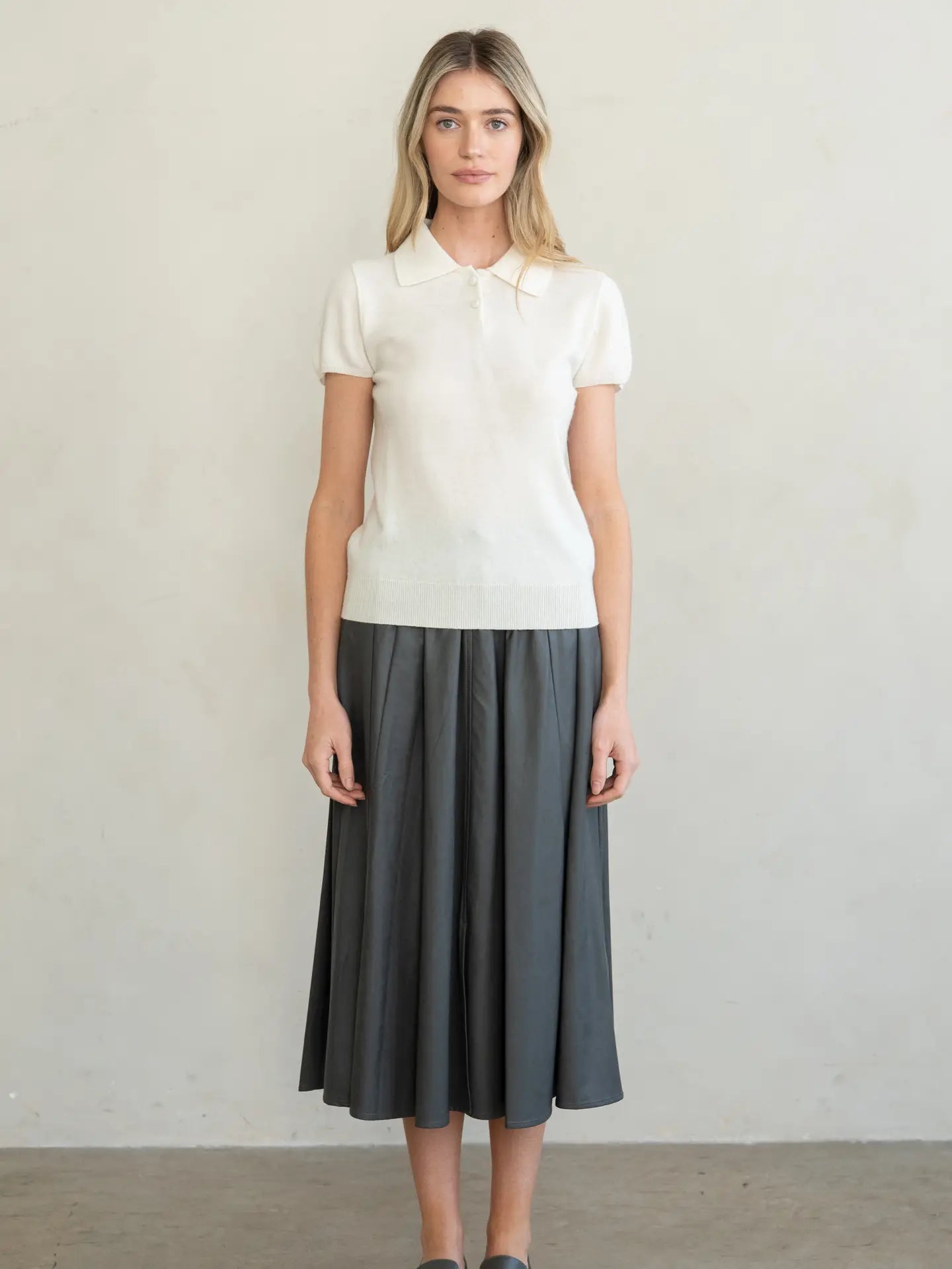 Refined Cap Sleeve Polo Sweater Top - Ivory