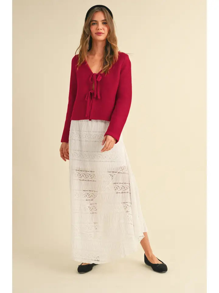 Long Sleeve Knitted Tie Front Cardigan - Red