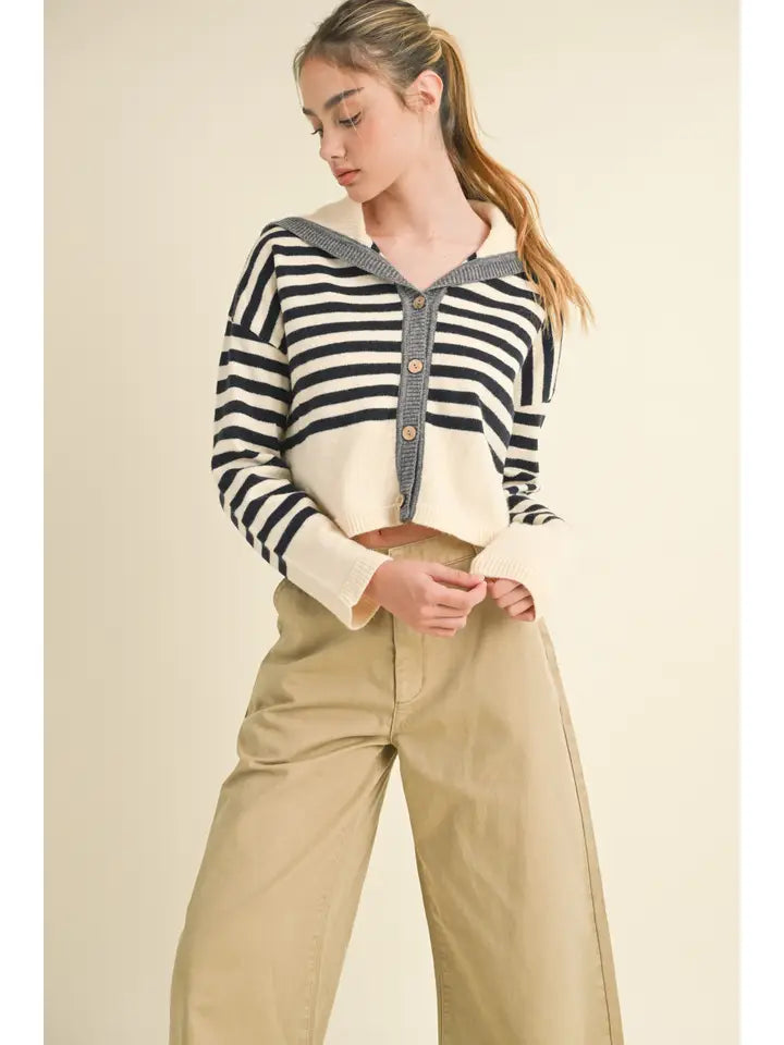 Striped Sailor Collar Sweater Cardigan