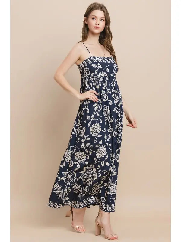 Printed Midi Dress - Navy