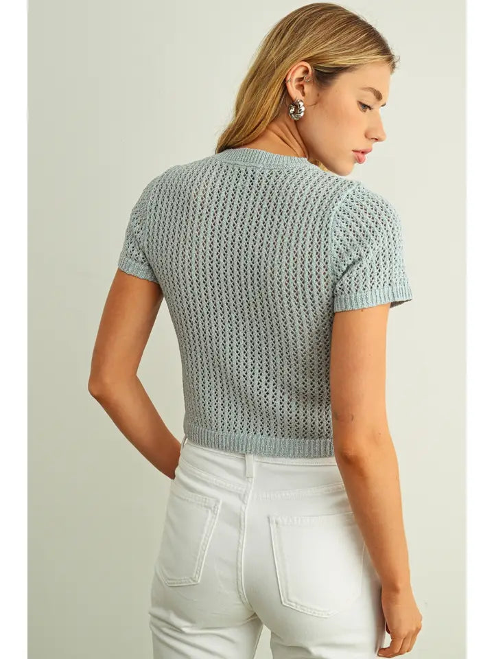 Button Front Short Sleeve Knit Top - Aqua Grey