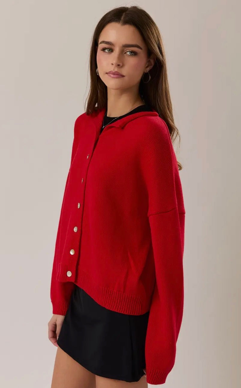 Rolled Hemline Sweater Cardigan - Red