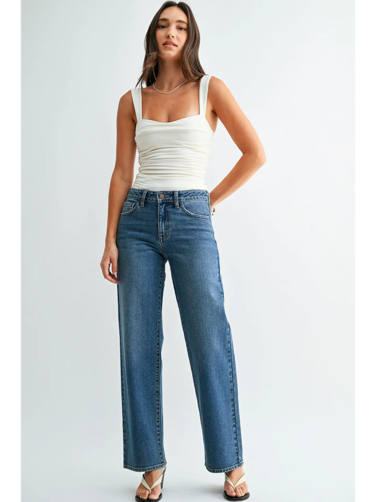 Relaxed Low Rise Stretch Straight Denim - Dark Denim