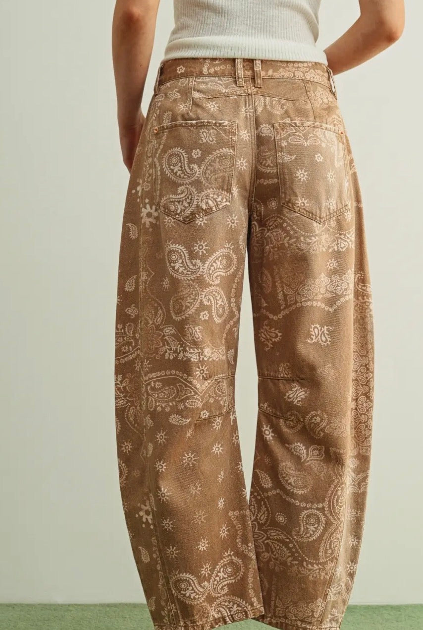 Paisley Print Washed Pants - Brown