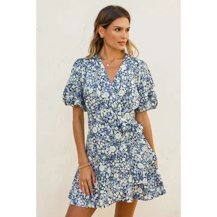 Field Daises Puff Sleeve Mini Wrap Dress - Navy Daisy